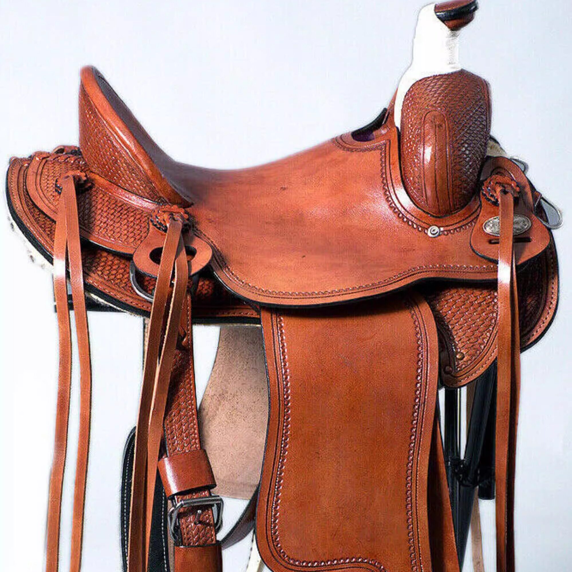 海外代购Saddle◎手作定制浅栗色雕刻配套马笼头胸带西部热座马鞍