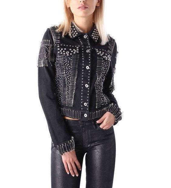 泰国代购Denim◇手作朋克哥特铆钉别针翻领牛仔机车女士夹克外套