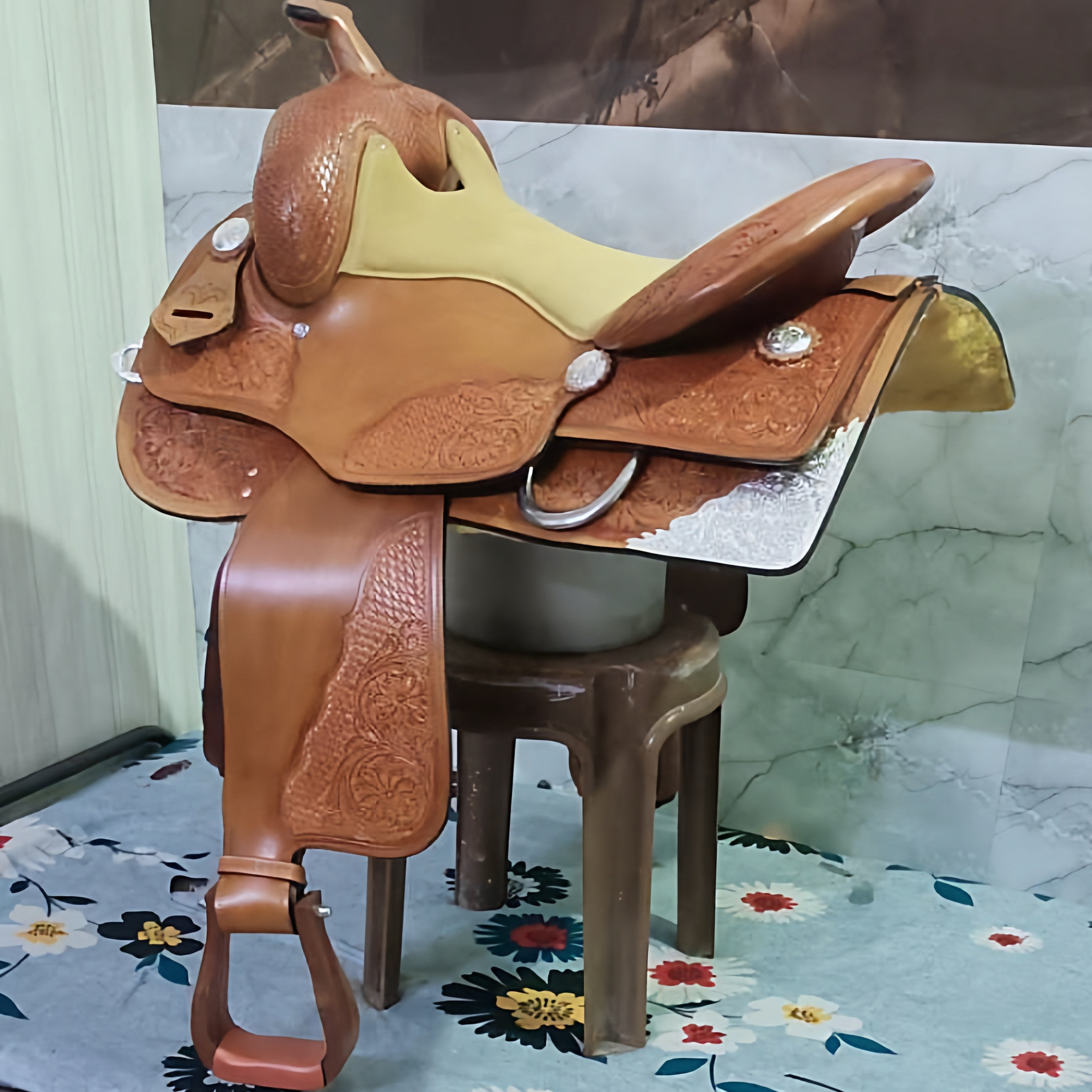 海外代购Saddle◎手作定制浅黄色雕刻配套马笼头胸带西部牧场马鞍