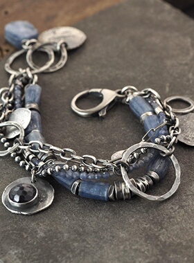 复古蓝晶石蓝宝石叠戴纯银手链