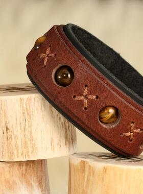 虎眼珠旋转棕色皮革厚实腕带手镯