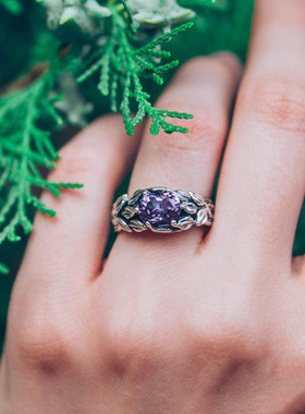 天然紫水晶树枝环叶子订婚戒指