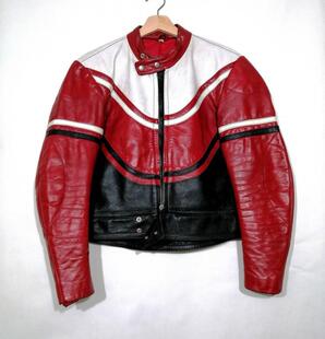 西班牙代购 Biker◇古着复古1980s红黑白拼色机车牛皮皮夹克皮衣