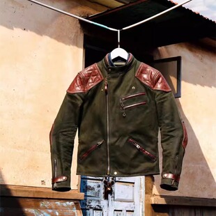 海外代购 手作哥特绿色仿旧帆布拼接牛皮骑行摩托车夹克 Jacket㊣