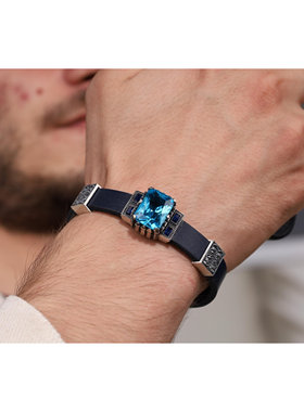 蓝色托帕石黄水晶锆石真皮手链