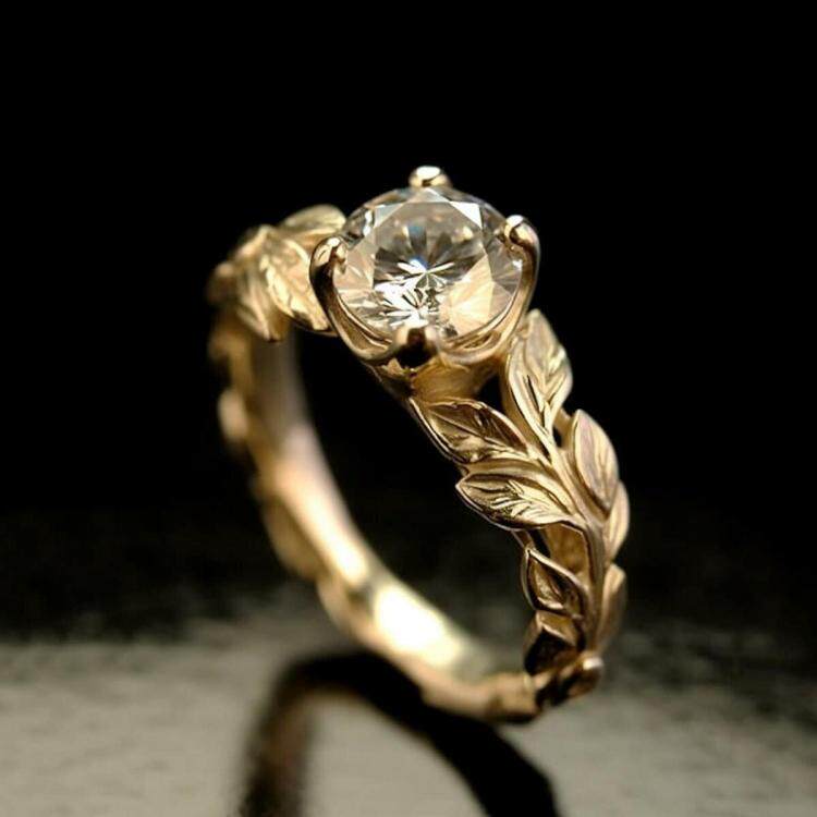 海外代购Gold◇手作精致自然精灵金叶宝石镶嵌14K黄金结婚戒指