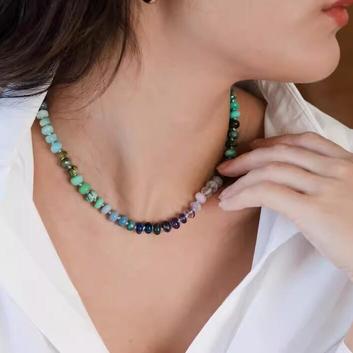 美国代购Necklace㊣ 手作紫水晶蛋白石海蓝宝石彩虹彩色串珠项链