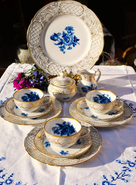 Porcelain㊣海外代购 手作迷人复古美丽蓝色花卉白色瓷制杯子套装