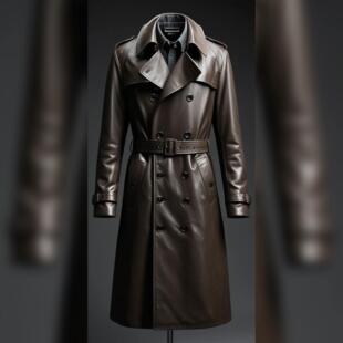 美国代购 风衣夹克皮衣 Brown◇手作哥特棕色皮革真皮翻领腰带长款