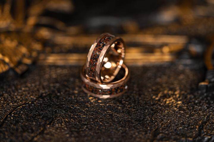 美国代购Meteorite◇手作陨石玫瑰金锤纹拉丝钨雕刻定制结婚戒指