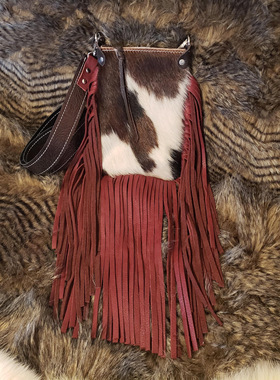 美国代购Leather◎手作小号西部波西米亚牛皮红色流苏钱包单肩包