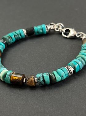 复古绿松石宝石琥珀串珠纯银手链