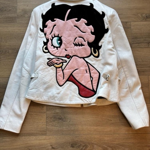 美国代购 Biker◇古着90年代复古卡通娃娃大画像女士白色机车皮衣