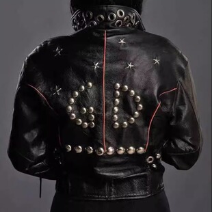 美国代购 手作铆钉索环星星柔软皮革翻领高腰夹克皮衣 Jacket㊣