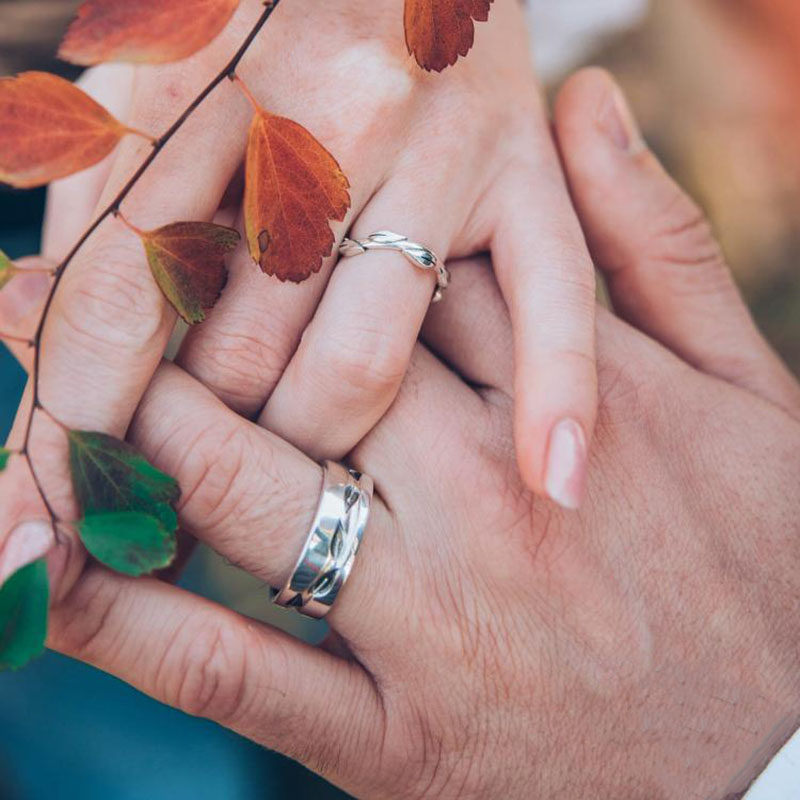 海外代购Dainty◇手作复古自然秋叶银色婚戒套装情侣对戒纯银戒指