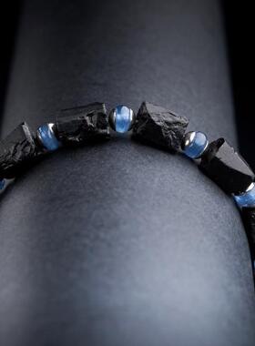加拿大代购Bracelet㊣ 手作黑色电气石蓝色蓝晶石弹力串珠手链