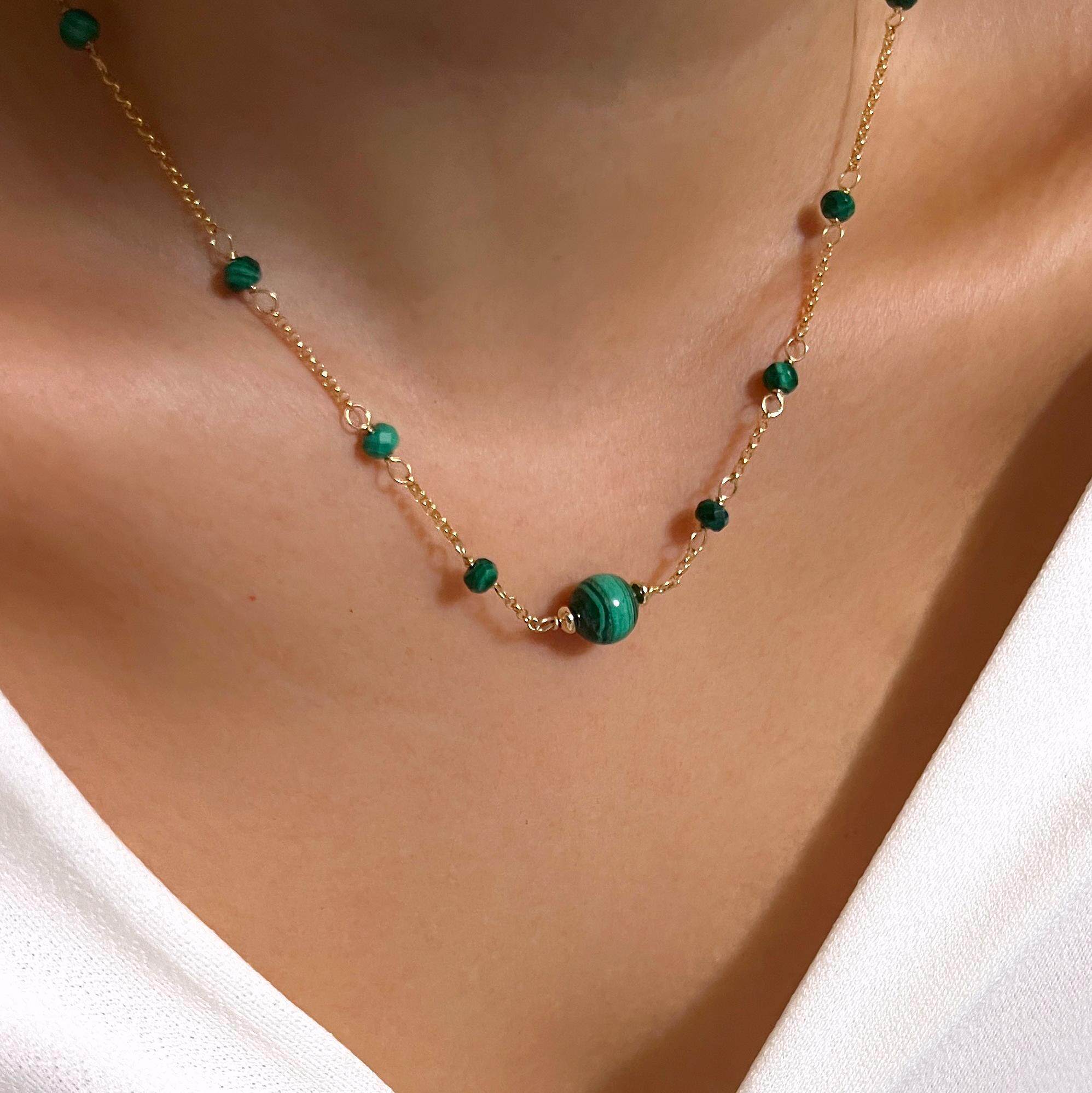 美国代购Malachite▽手作精致天然孔雀石莉莉项链14K包金女士项链