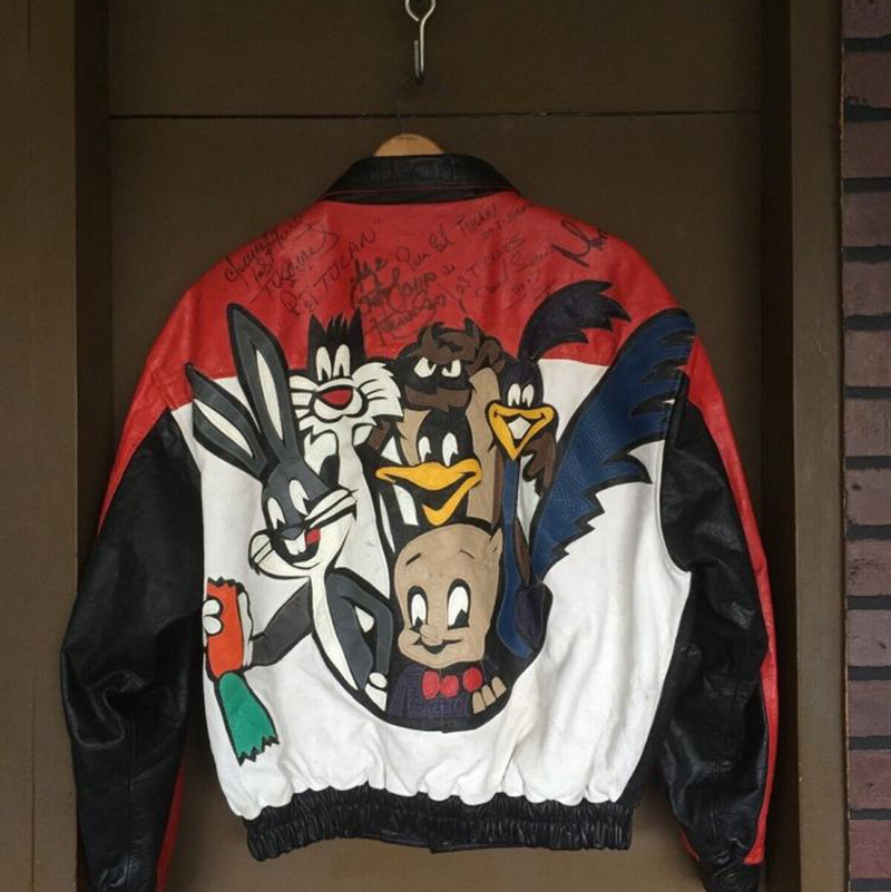 美国代购Rare◇古着复古90年代卡通兔子签名红黑色皮革夹克皮衣