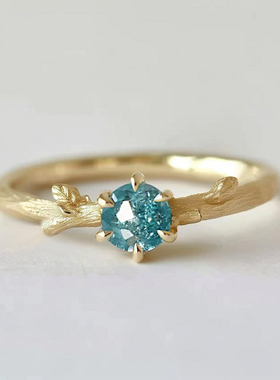 复古天然蓝色钻石戒指金枝叶子