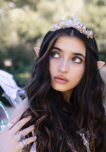 美国代购Crown◇手作玫瑰石英月桂树叶真水晶婚礼皇冠发饰头饰