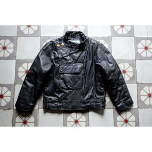 法国代购 Biker◇古着80年代复古瑞典摩托车机车系带黑色夹克皮衣