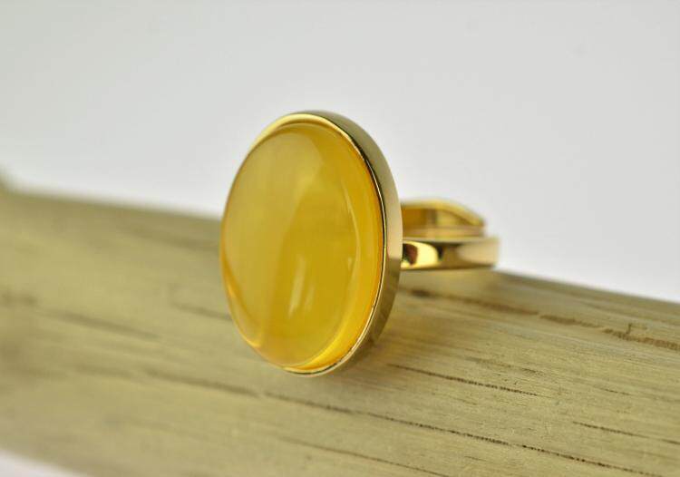 波兰代购Amber◇手作复古真正黄色波罗的海琥珀镀金纯银可调戒指