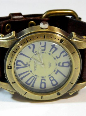 Striking㊣俄罗斯代购 手作蒸汽朋克齿轮石英电池棕色真皮手表