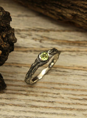 海外代购Peridot◇手作复古树枝天然橄榄石宝石镶嵌14K纯白金戒指