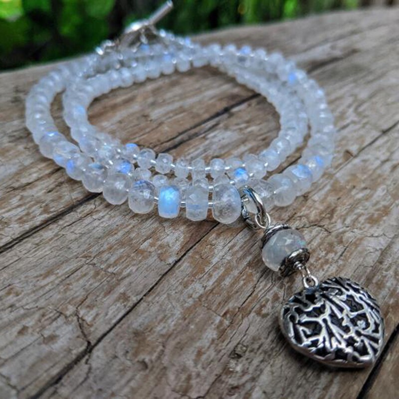 加拿大代购Flashy◇手作闪亮蓝火月光石银色蕾丝心形吊坠纯银项链