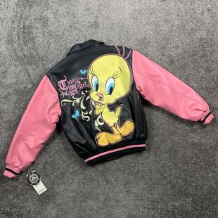 美国代购Jacket 古着卡通动画崔迪公仔粉色飞行员皮革夹克外套