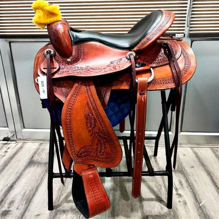 海外代购Saddle◇手作真皮雕花套索笼头缰绳胸甲肚带套装西部马鞍