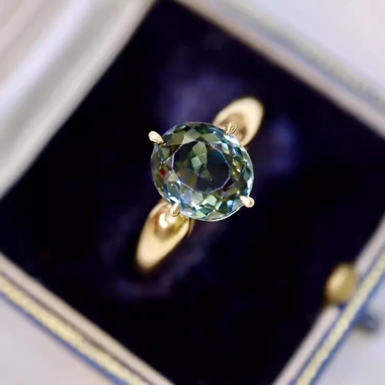 美国代购Natural㊣ 手作华丽椭圆形天然碧玺镶嵌18k纯金订婚戒指