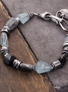 波兰代购Kyanite◇手作蓝色蓝晶石碧玺海蓝宝石银珠氧化纯银手链