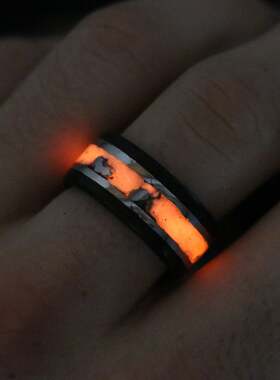 美国代购Glow◇手作复古碳纤维陨石橙色发光男士结婚纯银夜光戒指