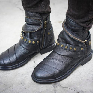 海外代购Ankle手作哥特朋克定制黑色牛皮真皮踝靴女士机车靴子