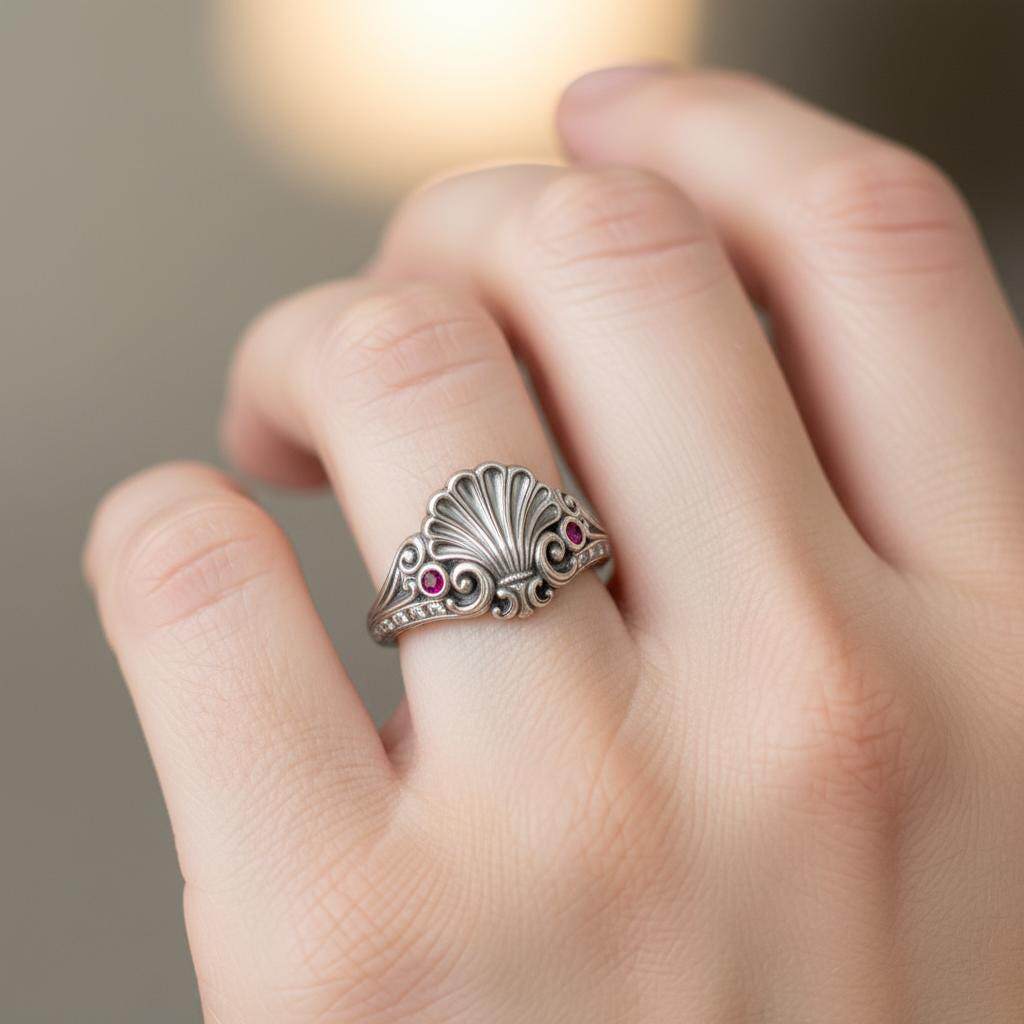 美国代购Seashell▽手作贝壳浮雕银戒指复古风个性纯银镶红石指环
