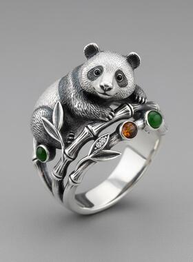 美国代购手作熊猫竹节镶嵌宝石戒
