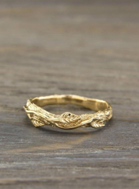 情侣14K金复古自然树枝结婚戒指