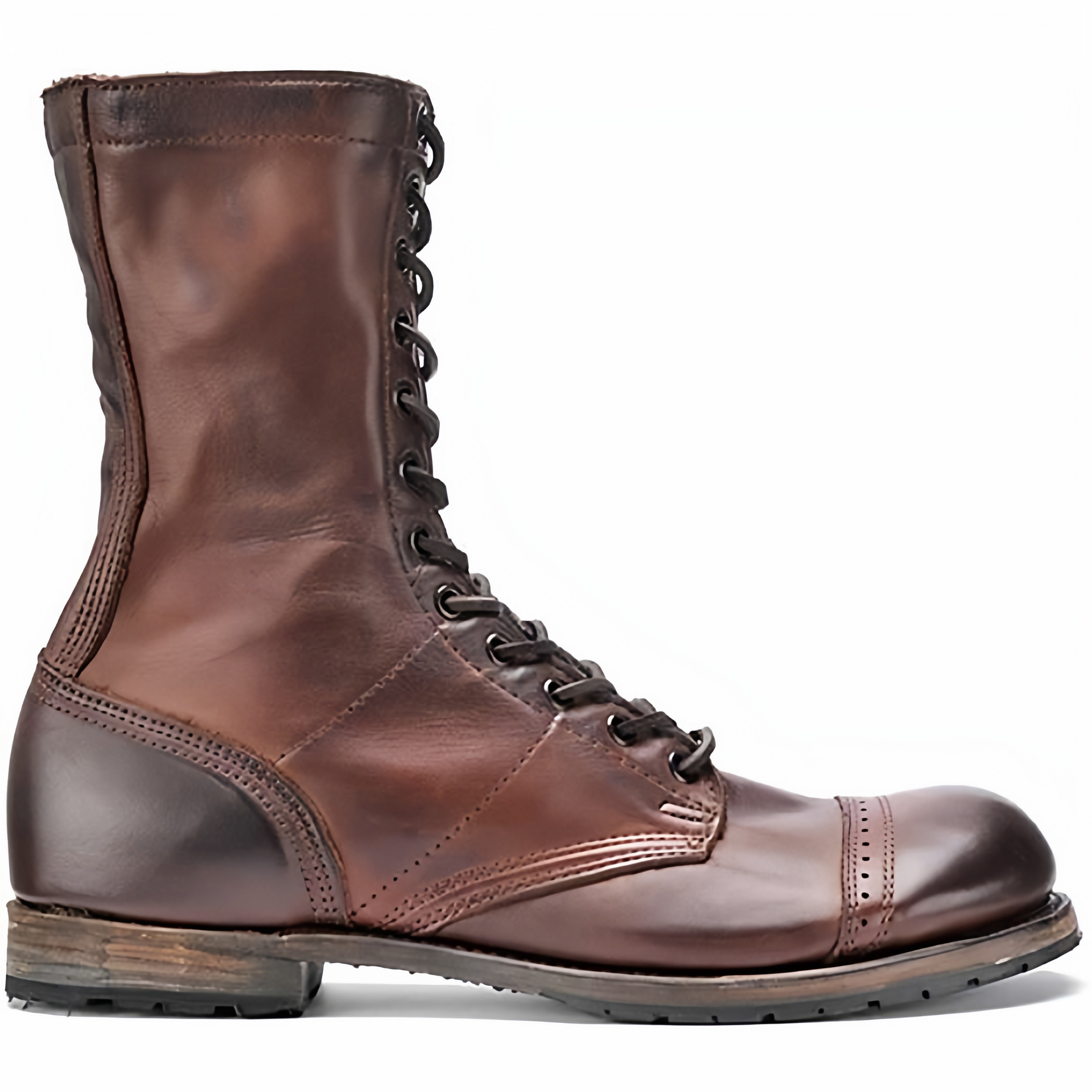 海外代购Boots㊣ 手作精致包头缝线复古棕色皮革系带踝靴时装靴子
