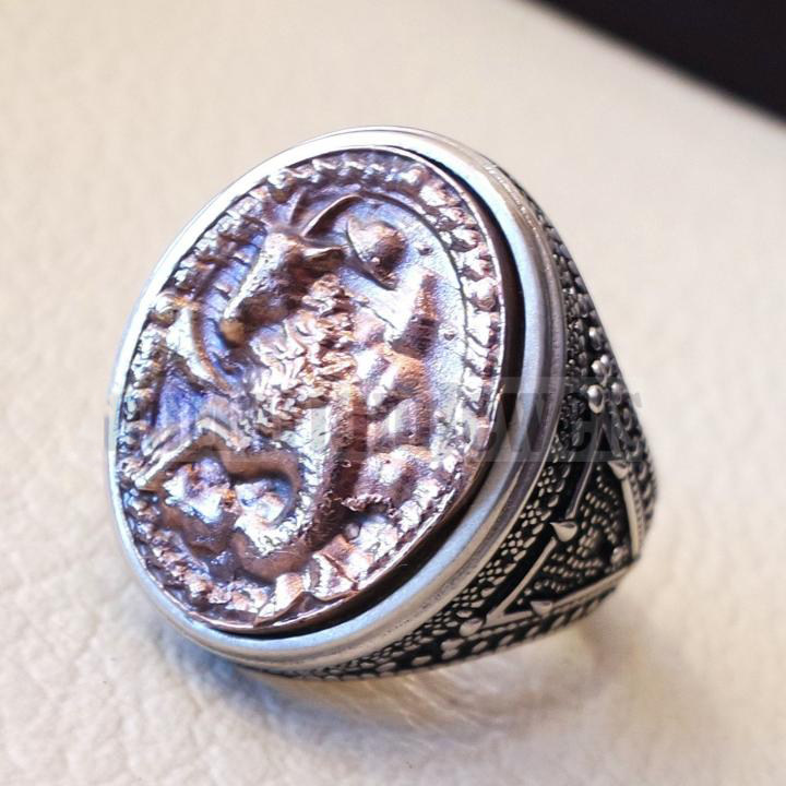 约旦代购Capricorn◇手作复古摩羯座星座古董青铜纯银男士戒指