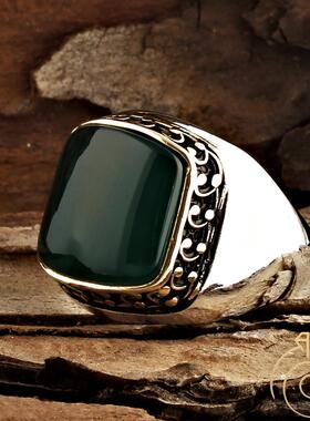 绿色玛瑙石镶嵌雕花抛光戒指纯银