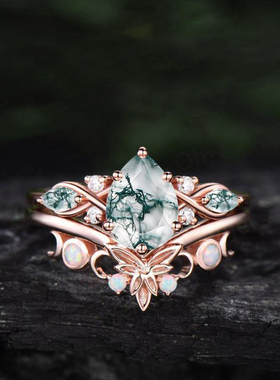 18K金复古天然绿色苔藓玛瑙戒指