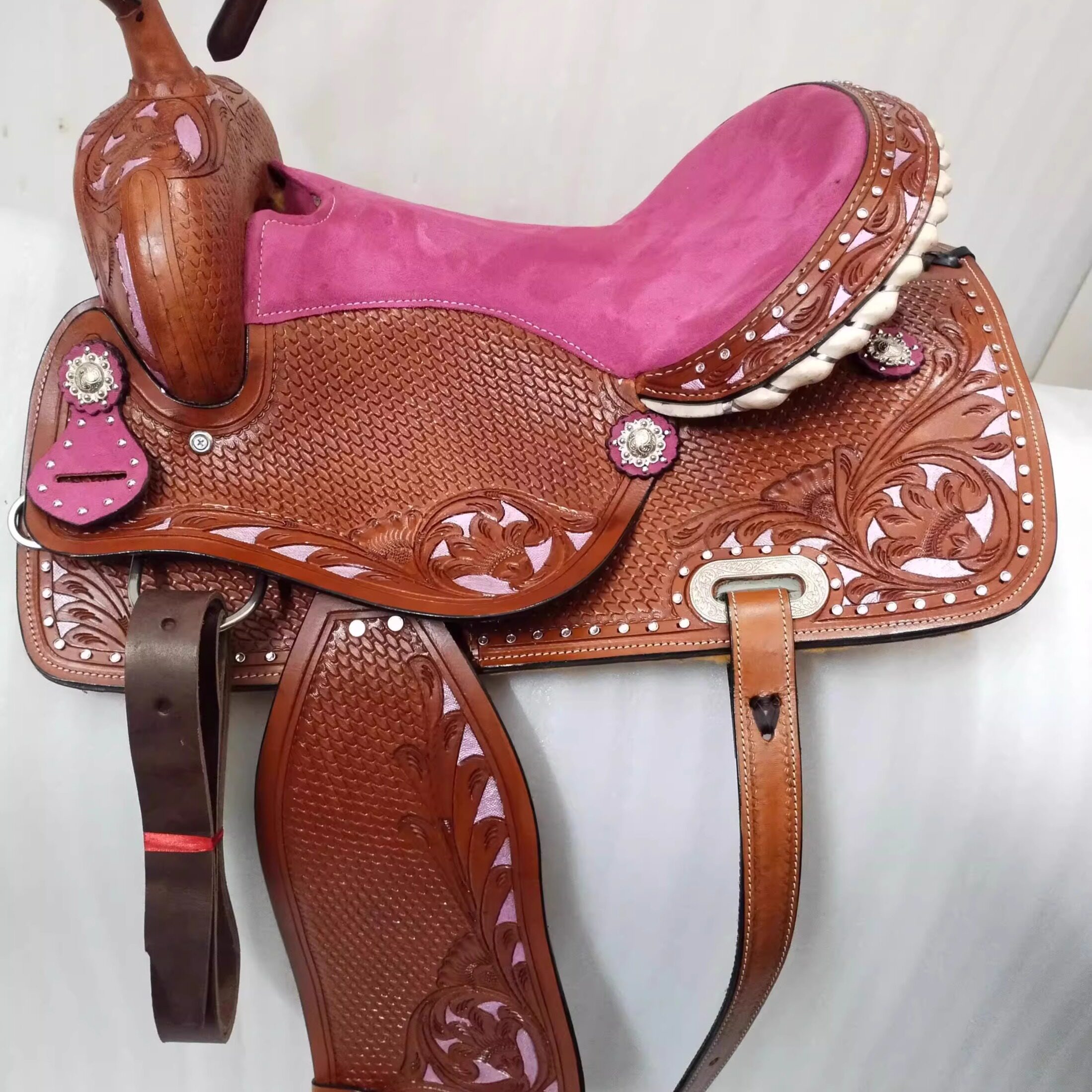 海外代购Saddle◎手作定制篮纹编织花卉图案粉色水晶桶形赛马鞍