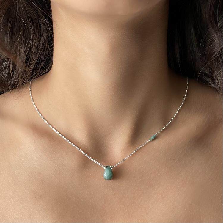 加拿大代购Emerald◇手作真正天然祖母绿宝石泪珠镶嵌女士项链