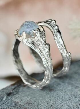 天然彩虹月长石宝石纯银戒指套装