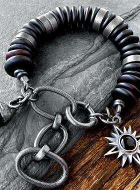 波兰代购Bracelet㊣ 手作华丽天然哑光黑色琥珀石榴石串珠手链