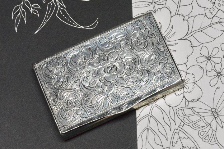 Solid㊣美国代购 古着20年代维多利亚花卉雕刻多用卡片盒纯银烟盒