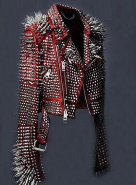 海外代购Rockers◇手作蒸汽朋克摇滚银色铆钉尖刺牛皮夹克皮衣