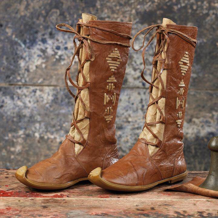 Boots㊣海外代购 手作迷人传统靴绑带棕色皮革平底中筒靴