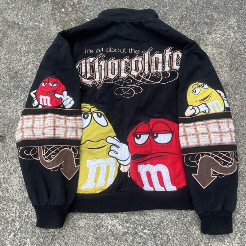 美国代购Black◇古着复古巧克力M豆糖果人赛车刺绣黑色外套夹克